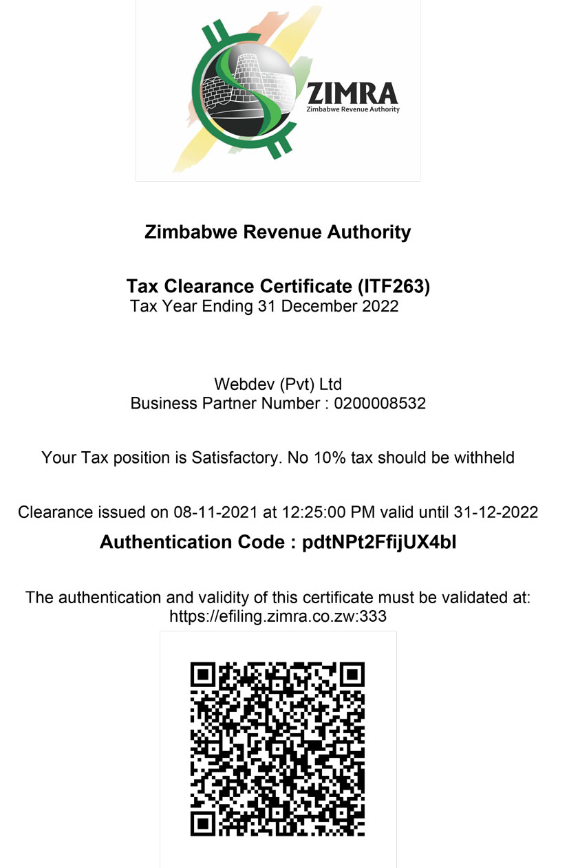 Tax Clearance Certificate Webdev. Zimbabwe web hosting, domains, web