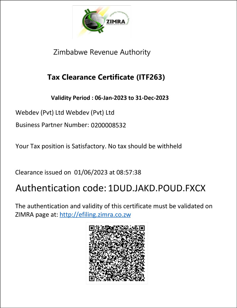 Tax Clearance Certificate Webdev. Zimbabwe web hosting, domains, web